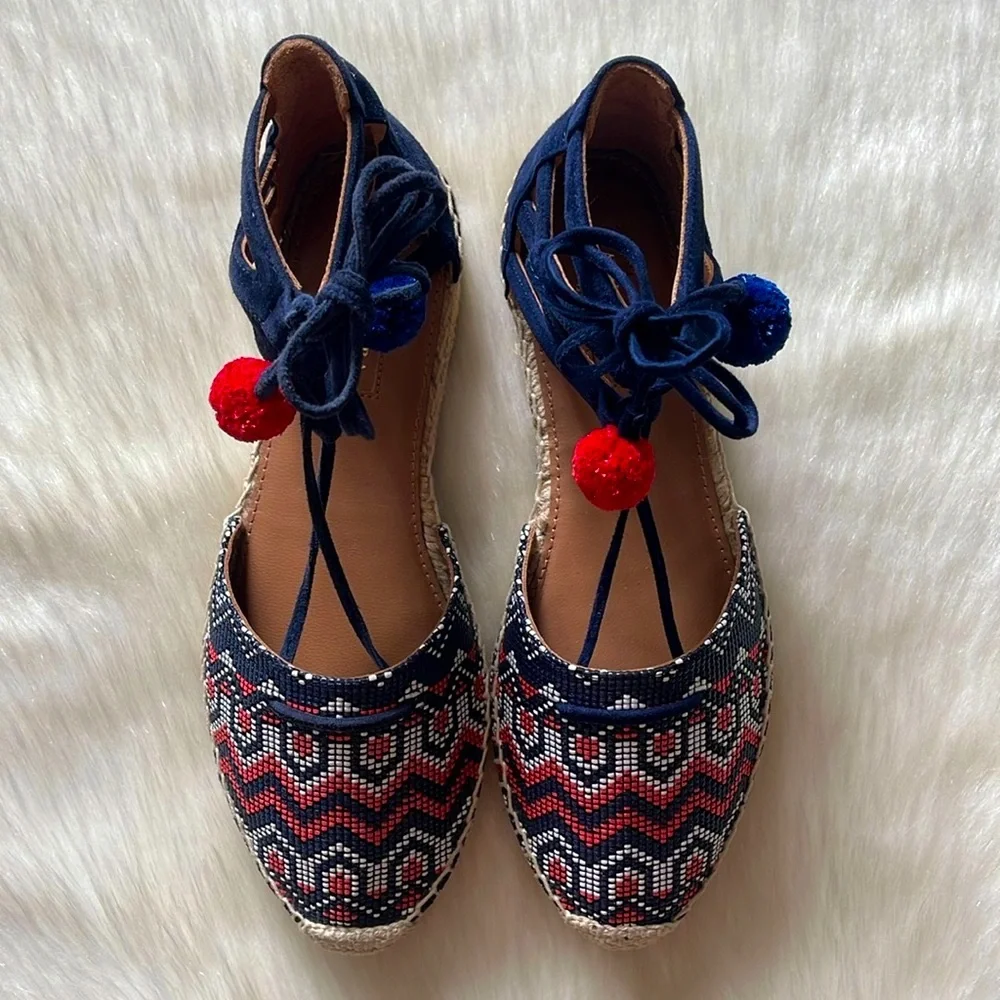 Aquazzura Firenze Belgravia Blue Suede Multicolored Textile Pom-Pom Espadrilles